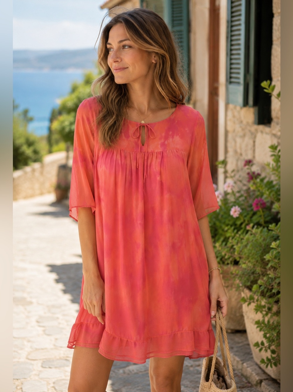 Gypsy 05 Global Village 100% Silk Boho Pink Tie Dye Boxy Beachy Dress Size Small